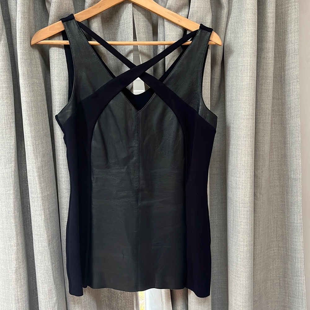 Bailey 44 Navy leather and rayon/spandex cross front top M